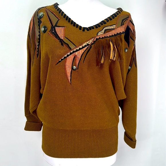 Vintage 90’s fringe appliqué brown sweater - Picture 1 of 9